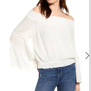 LULUS Prairie Flowy Off the Shoulder White Flared Sleeve Top Size Small